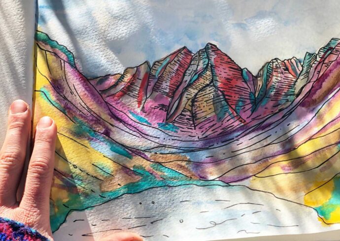 Watercolor painting of mountains by artist Sarah Uhl